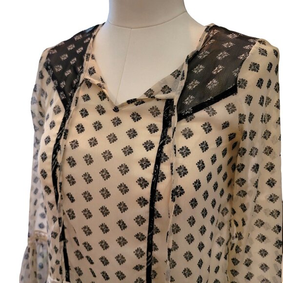 Boho Sheer Blouse Womens Size Small Black White Print Flowy Long Sleeve JJ3488 - Picture 2 of 8